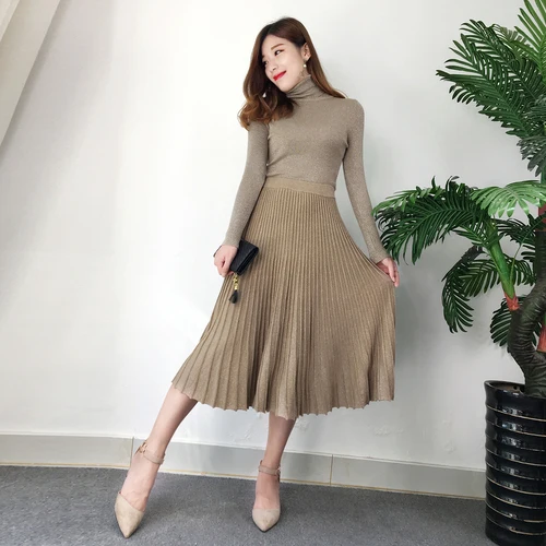 Khaki color 2 комплекта зимней женской новой яркая шелковая трикотажная тонкая пуловер свитер стрейч дикая Нижняя Высокая талия трикотажная юбка набор весна MS - Цвет: Khaki color