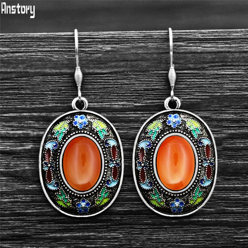 Natural agate Винтажные овальные кварцевые серьги для женщин, богемная живопись, ремесло, цветок, растение, натуральный камень, нержавеющая сталь, серьги-крючки - Окраска металла: Natural agate