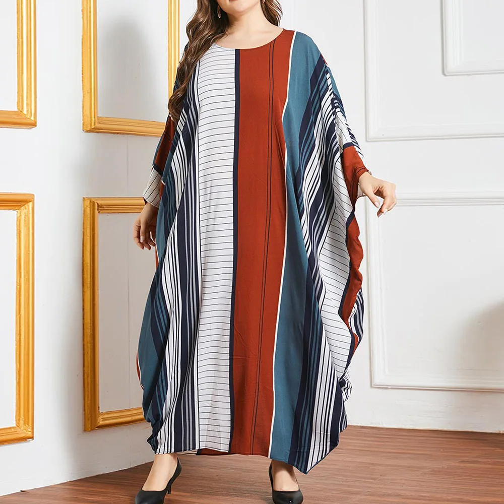 

Muslim Dress Spring Autumn Fashion Loose Color Stripes Printing Irregular Bat Sleeve Round Neck Woman's Clothing