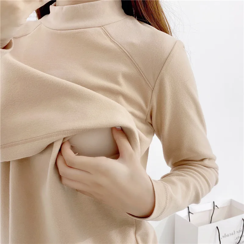 Long Sleeve Breastfeeding T-Shirt Woman Home Top Solid Color Soft Things Winter Breastfeeding Clothes Maternity Clothes 2110