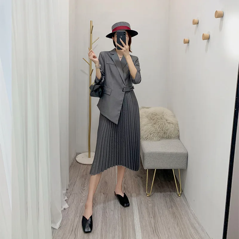 grey Женские костюмы с юбкой осенние европейские Новые женские модные трендовые юбки темперамент длинный рукав пояс тонкие костюмы с длинной юбкой - Цвет: grey