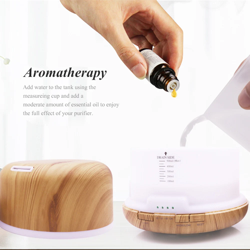 FUNHO 500ml Ultrasonic Air Humidifier led light wood grain Aroma Essential Oil Diffuser aromatherapy mist maker Remote Control