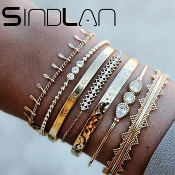 

Sindlan 7PCs Vintage Gold Beads Bracelet Set for Women Boho Geometric Open Bangles with Rhinestones Fashion Female Wrist Jewelry