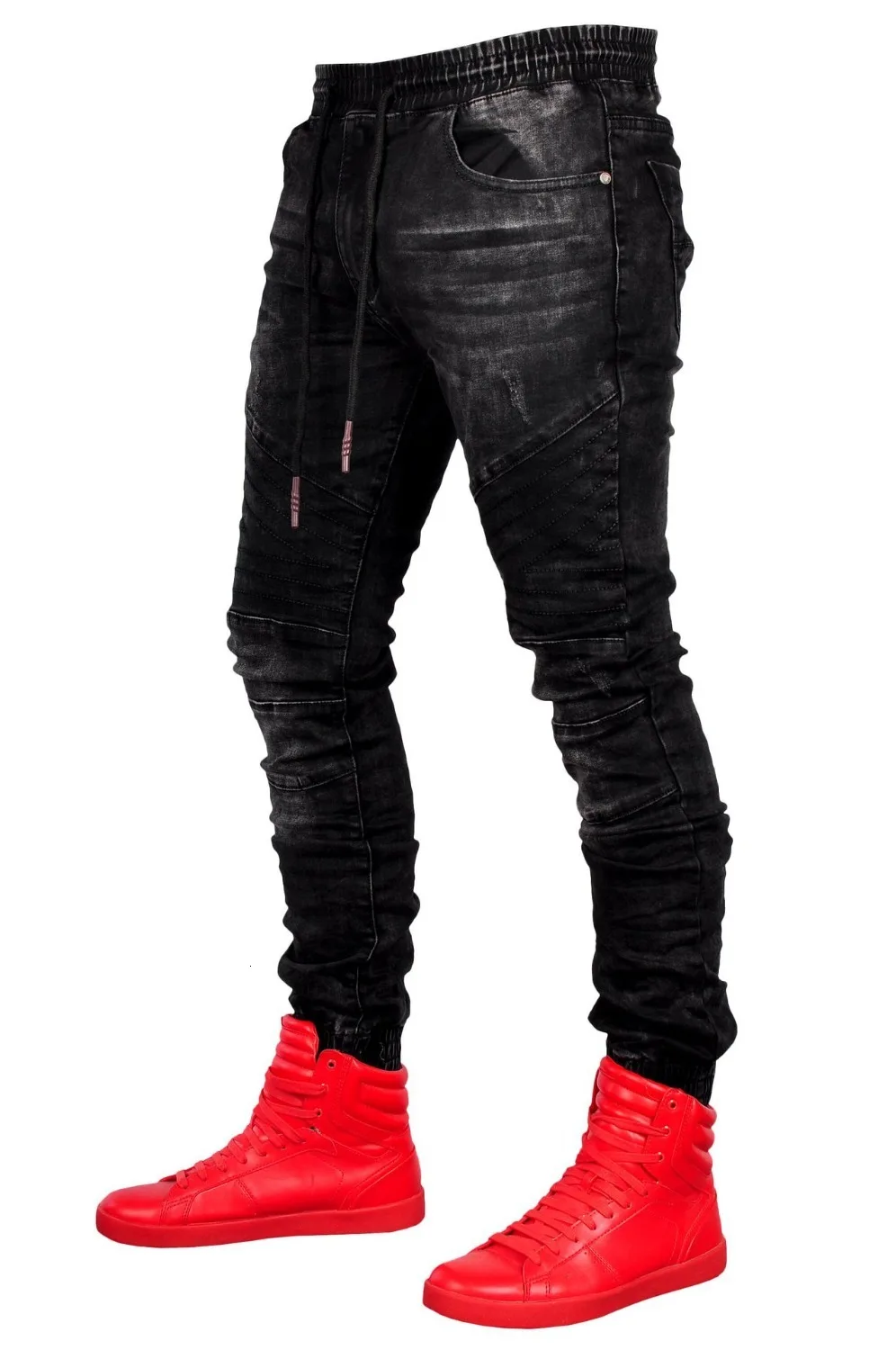 2019 European American Folds Slim Fit Jeans Men Jeans Runway Slim Moto& Biker Jeans Fashion Hiphop Skinny Black Jeans For Men