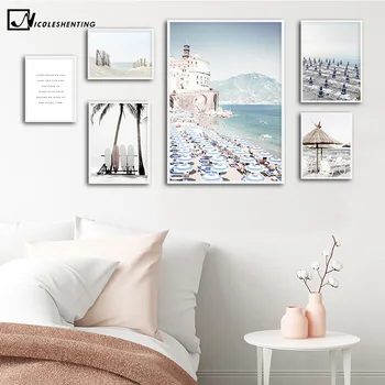 

Italy Amalfi Coast Umbrella Poster Nature Landscape Print Sea Beach Surfboard Canvas Art Painting Seascape Picture Wall Decor