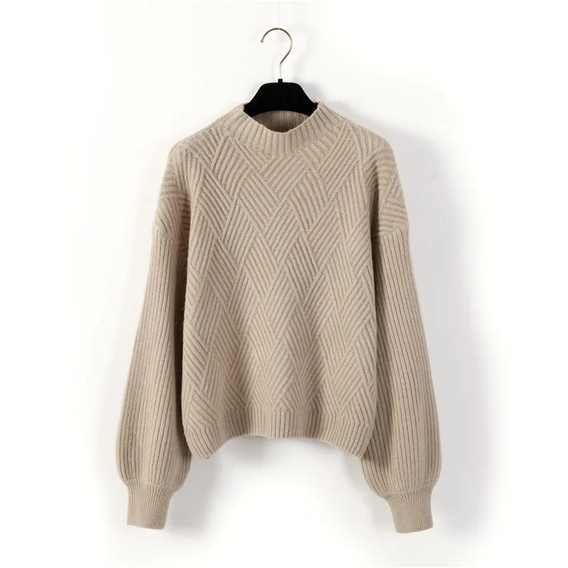 khaki Hirsionsan Pull Femme,, зима-осень, вязаный кашемировый свитер большого размера, женский, с рукавом-фонариком, со стразами, базовые, плотные пуловеры - Цвет: khaki