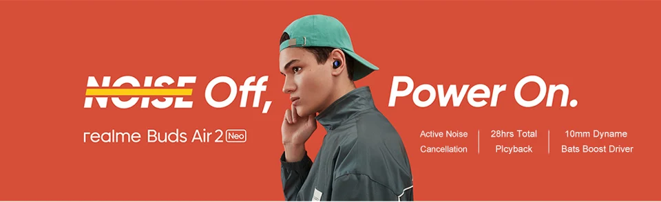 Realme-auriculares inalámbricos TWS Air 2 Neo, cascos con Bluetooth ANC, 28 horas de reproducción Total, IPX5, carga rápida