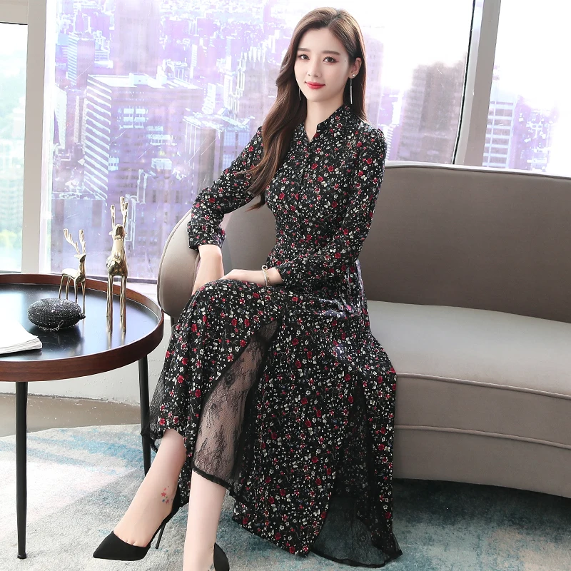 

Fashion Chiffon Print Midi Dress for Women Autumn Winter Bohemian Casual Long Sleeve Large Size Dress Elegant Club Party Dresses