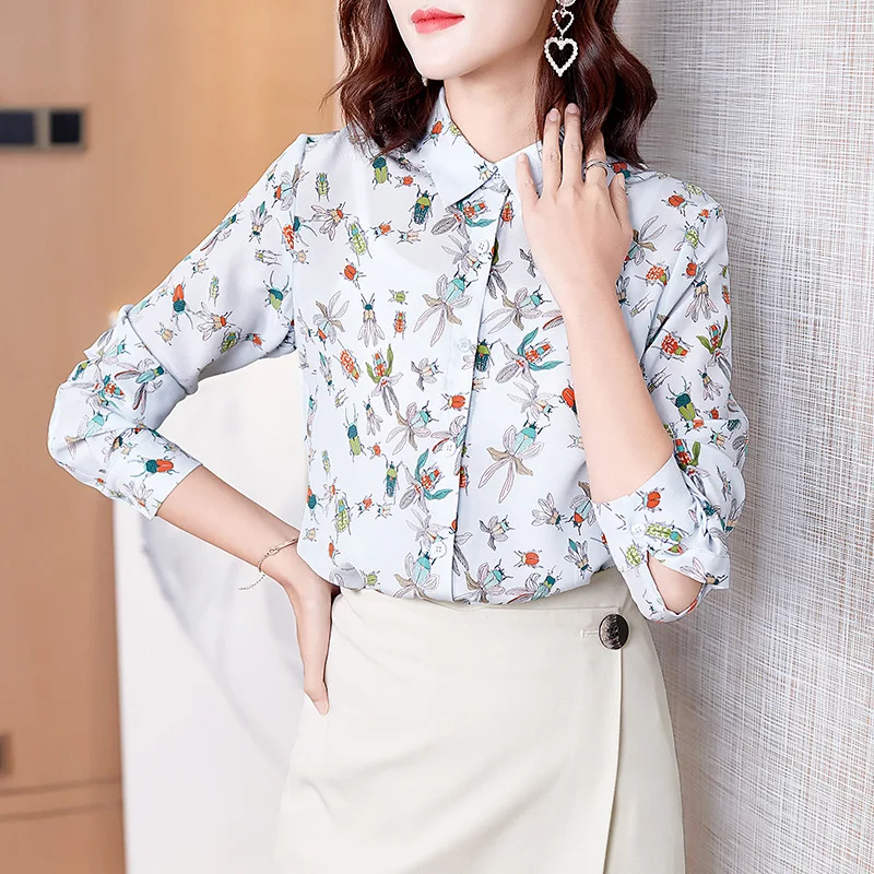 

2020 Spring Women's High Quality Real Silk 100% Shirts and Blouses Long Sleeved Printing Clothes