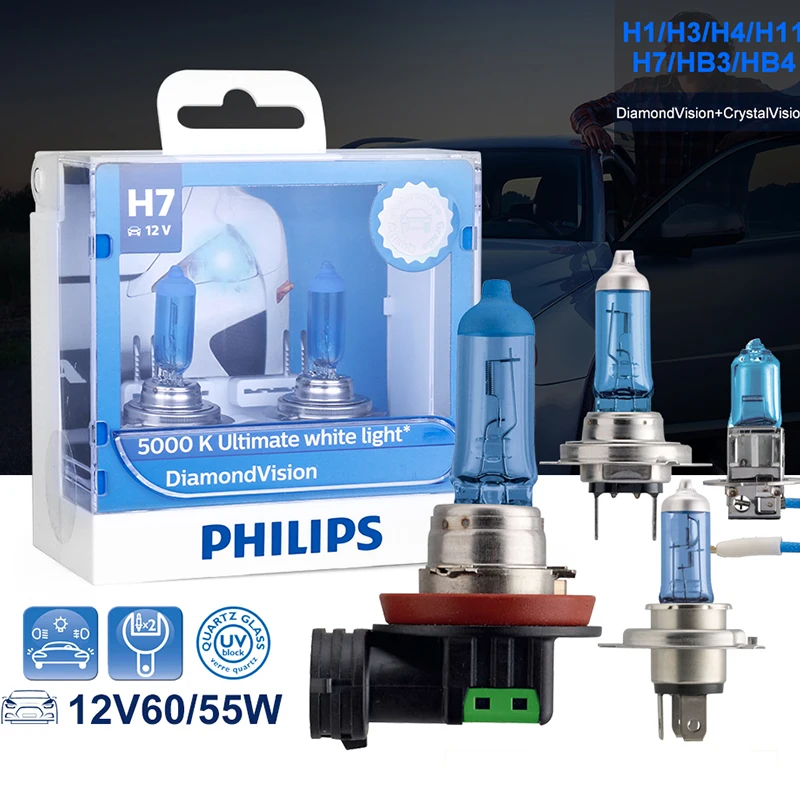 

Philips H7 halogen H4 H3 H1 H11 H8 HB3 HB4 9005 9006 12V Diamond Vision 5000K Ultimate White Light Headlight Car Accessories 2PC