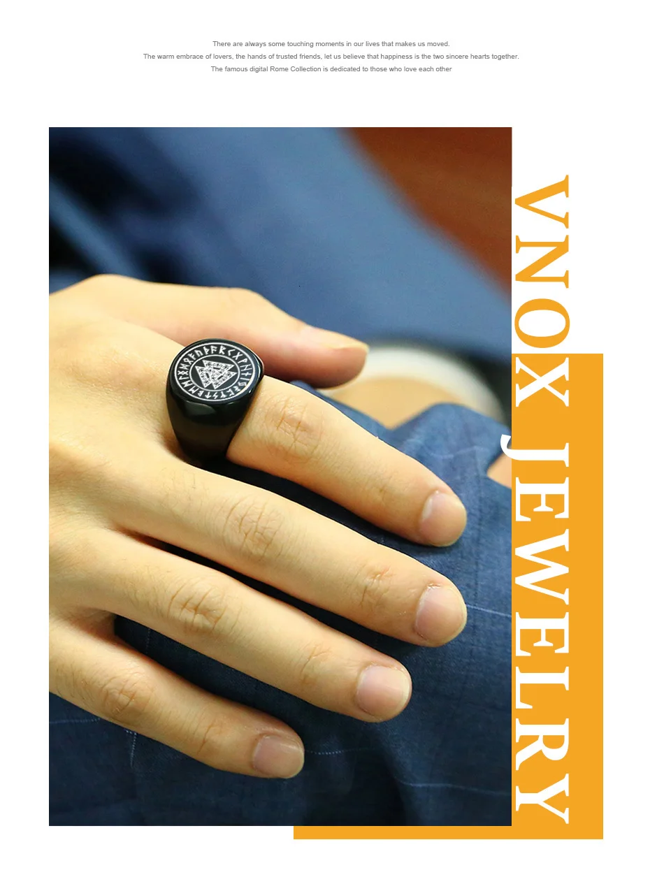 Vnox Stainless Steel Viking Rune Signet Ring for Men Black Male Punk Jewelry with Triple Knot Icon#8-#13