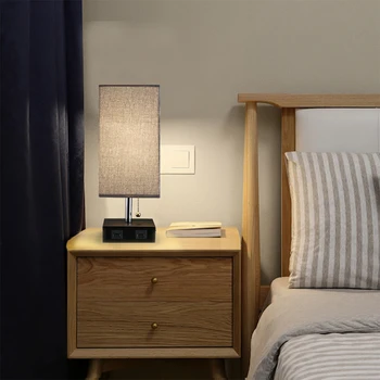 

Modern Square Fabric Shade Home Bedside Pull Rope Switch Living Room Eye Protection With USB Charging Port Table Lamp Bedroom