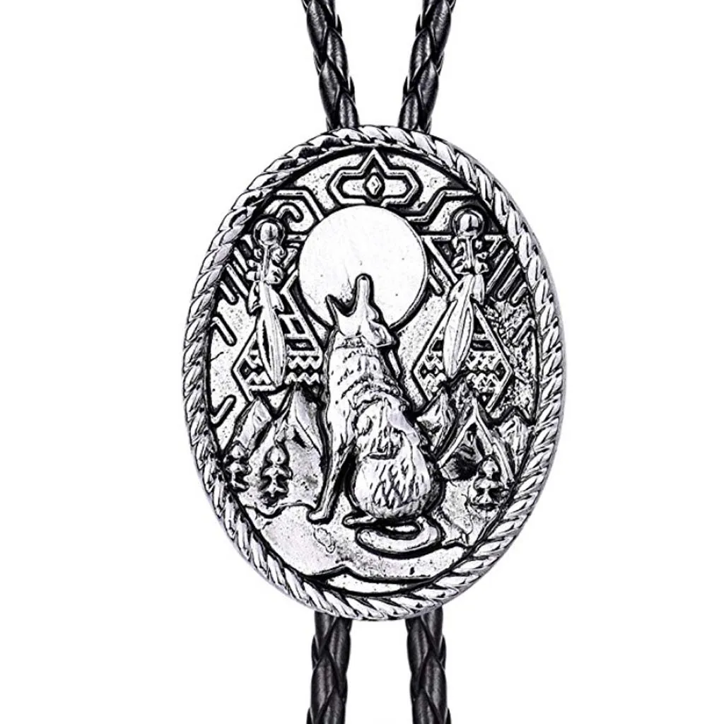 Vintage Wolf Howling Design Cowboy Rodeo Bolo Tie Bow Tie Pu Leather Necktie for Shirt Business Suit Leisure Clothes