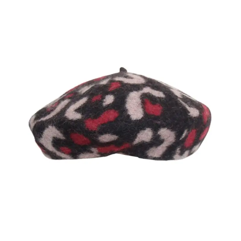 Черный Women Girls Vintage Faux Wool French Beret Hat Contrast Color Leopard Printed Winter Autumn Stretchy Artist Painter Pumpkin Cap - Цвет: Черный