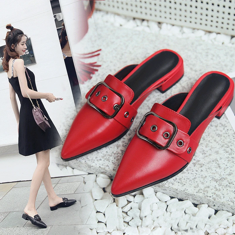 

2019 Summer New Style Korean-style Fashion Pointed Belt Buckle ban tuo xie Genuine Leather Closed-toe Low Heel Slippers Women's