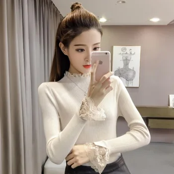 

806 #2 Article Hair Half-Turtle-Neck Sweater Women's New Style Lace Long-sleeved Upper Garment Korean-style Warm Base Sweater
