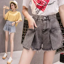 Лето новые свободные большие карманы Тонкий Слово Широкие ноги горячие брюки высокая талия джинсовые шорты женские