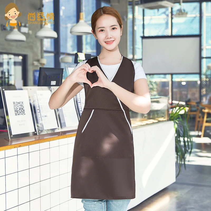 Shangshiqing Apron Women's Fashion V-neck Custom Printed Logo Korean Work Clothes Baking Coffee Shop Manicure Shop Apron