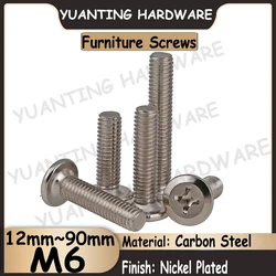 3Pcs~10Pcs M6x12mm~90mm Furniture Screw Carbon Steel Nickel Plated Round Head with Chamfer Cross Recessed Phillips Screws