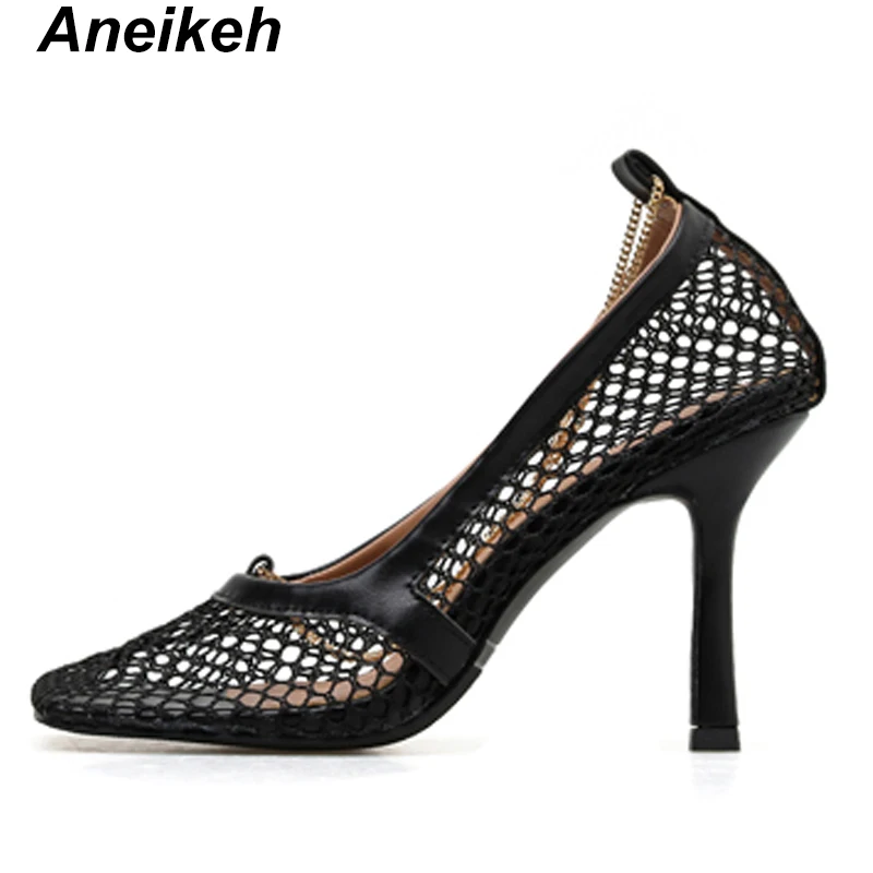 Aneikeh NEW Shoes Women Square Toe Hollow Out Mesh Pumps High Heels Ankle Chain Decor Summer Shoes Black Sexy Slip On Pumps