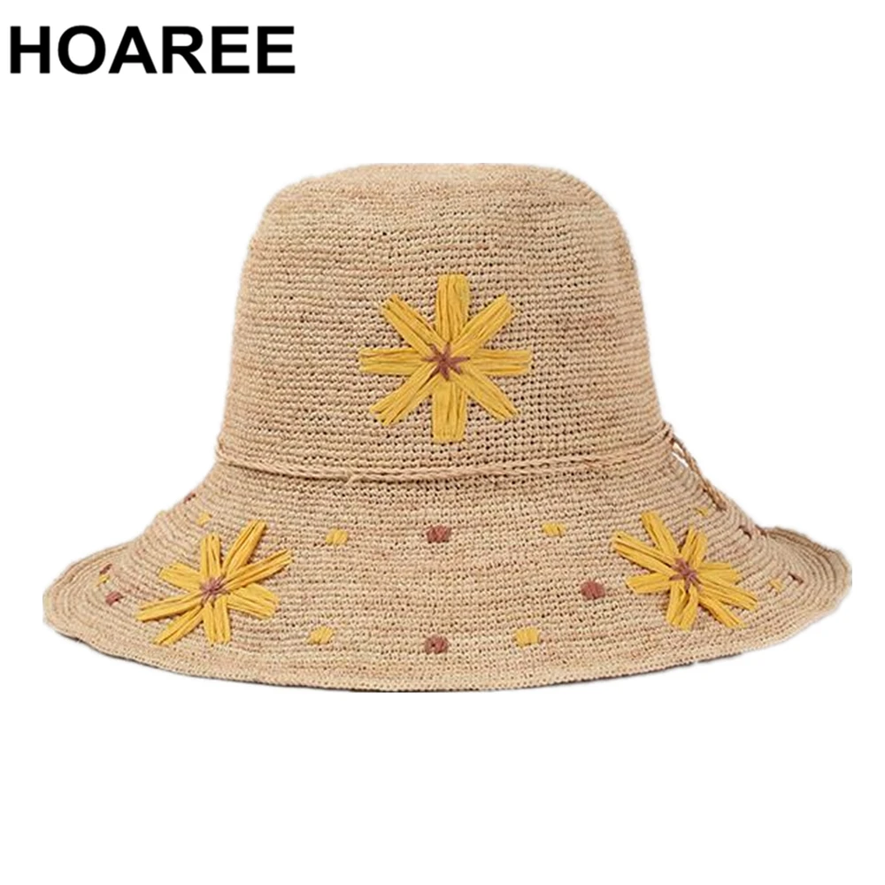 

HOAREE Raffia Hat Summer Korean Women Yellow Flower Wide Brim Beach Sun Hats Beautiful Uv Protection Brand Ladies Floppy Hat