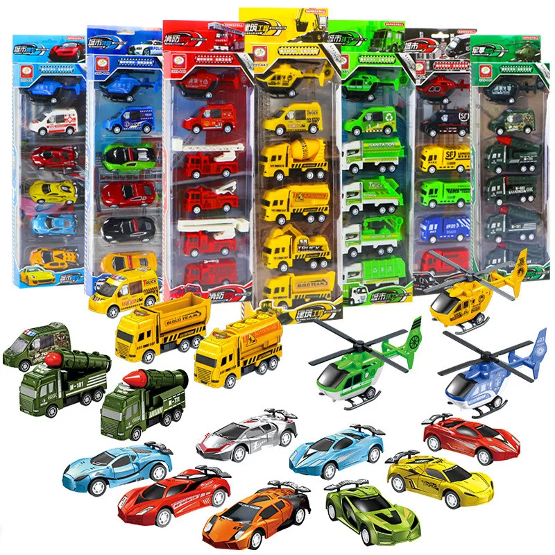 6Pcs set Mini Pull Back Car Toys Model Diecast Urban Engineering Military Racing Car Simulation Bus Truck Vehicle Toy For Boys