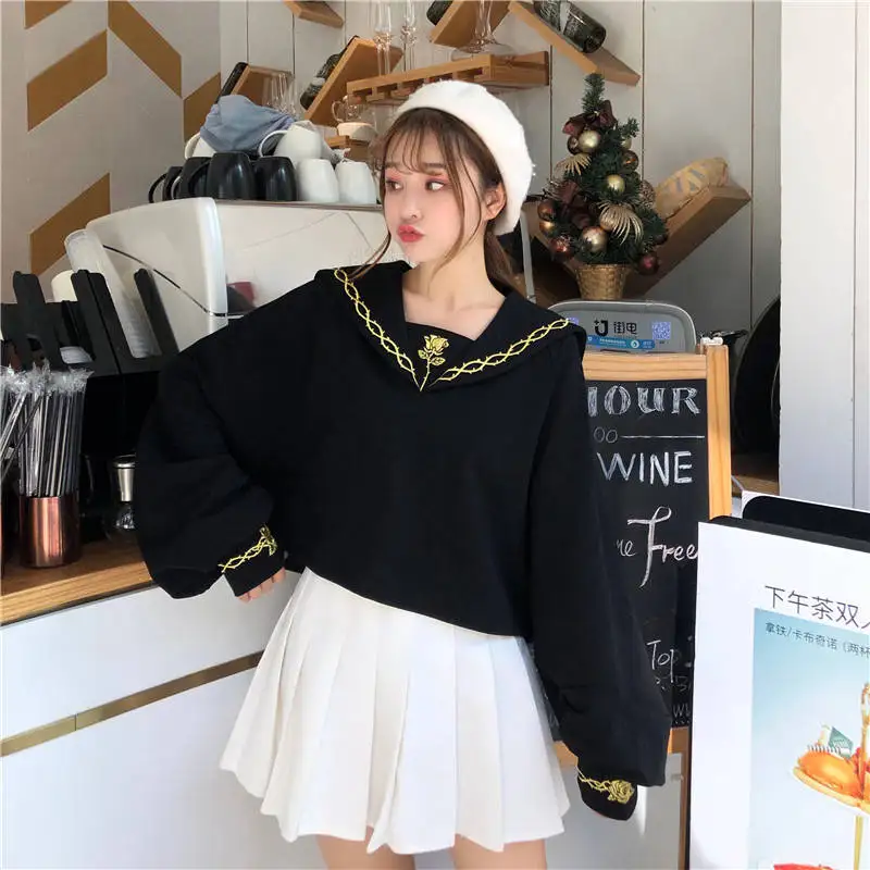 Новинка, Harajuku, японский вариант, черный пуловер, Осенние Джемперы, женские топы, Модные свободные повседневные толстовки с длинными рукавами для девочек, толстовки