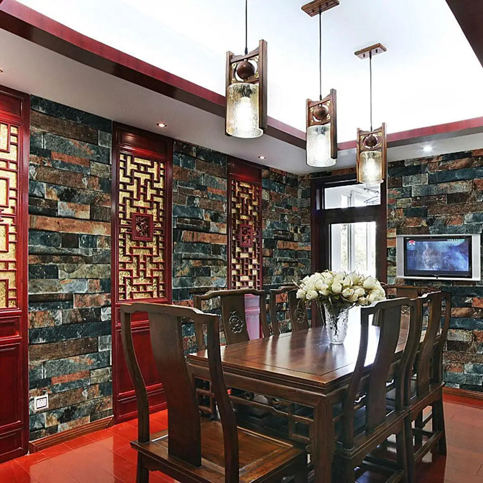 

New Retro 3D Effect Natural Embossed Stack Stone Brick Tile Print Wall Paper Wallpaper