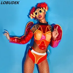 Bar Nightclub Women DJ Singer Sexy Dance Costume Red Transparent Bodysuit Festival Rave Party Show Dancer Team Performance Wear