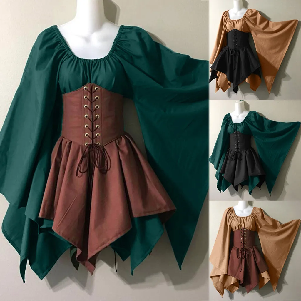 US $7.76 40% OFF|Halloween Women Dress Medieval Cosplay Costumes Gothic Retro Long Sleeve Corset Dress  Halloween Elf Dresses 2019  F40-in Dresses from Women
