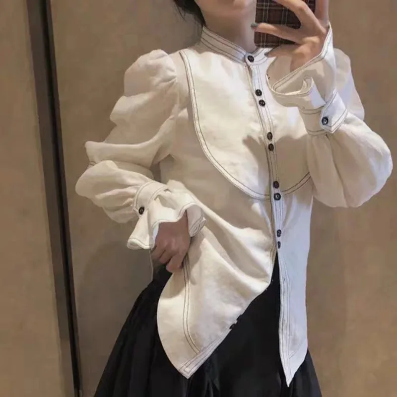 2020-new-autumn-and-winter-stand-collar-lantern-sleeves-single-breasted-white-contrast-black-shirt-female-blouse-k898