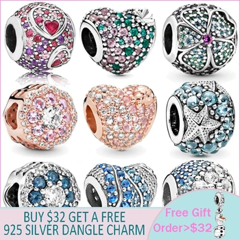 

925 Sterling Silver Beads 9 Multiple Color CZ Ocean Love Heart Beads Charms fit Original Brand Bracelets DIY Jewelry