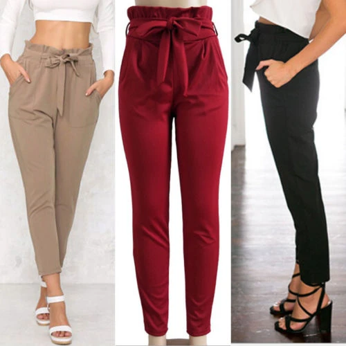 Pantalones pitillo de gasa mujer, de cintura alta pantalón largo, elástico, color negro, y caqui, novedad de 2020|Pantalones y pantalones capri| - AliExpress