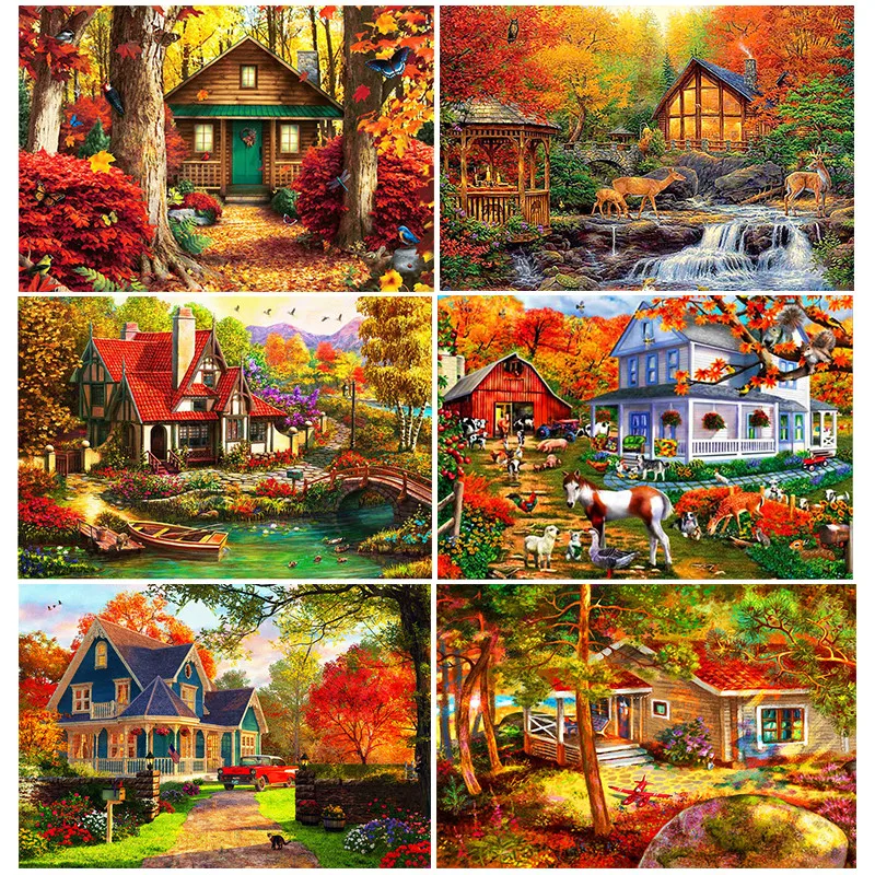 

DIY 5D Diamond Painting Art House Landscape Full Square/round Mosaic Embroidery Set Autumn Scenery Crafts Home Decoration
