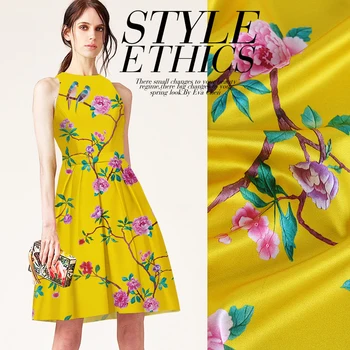 

2 meter Style Natural Silk Fabric Dress Cloth Stretch Satin Cherry Grass Hibiscus Magpie