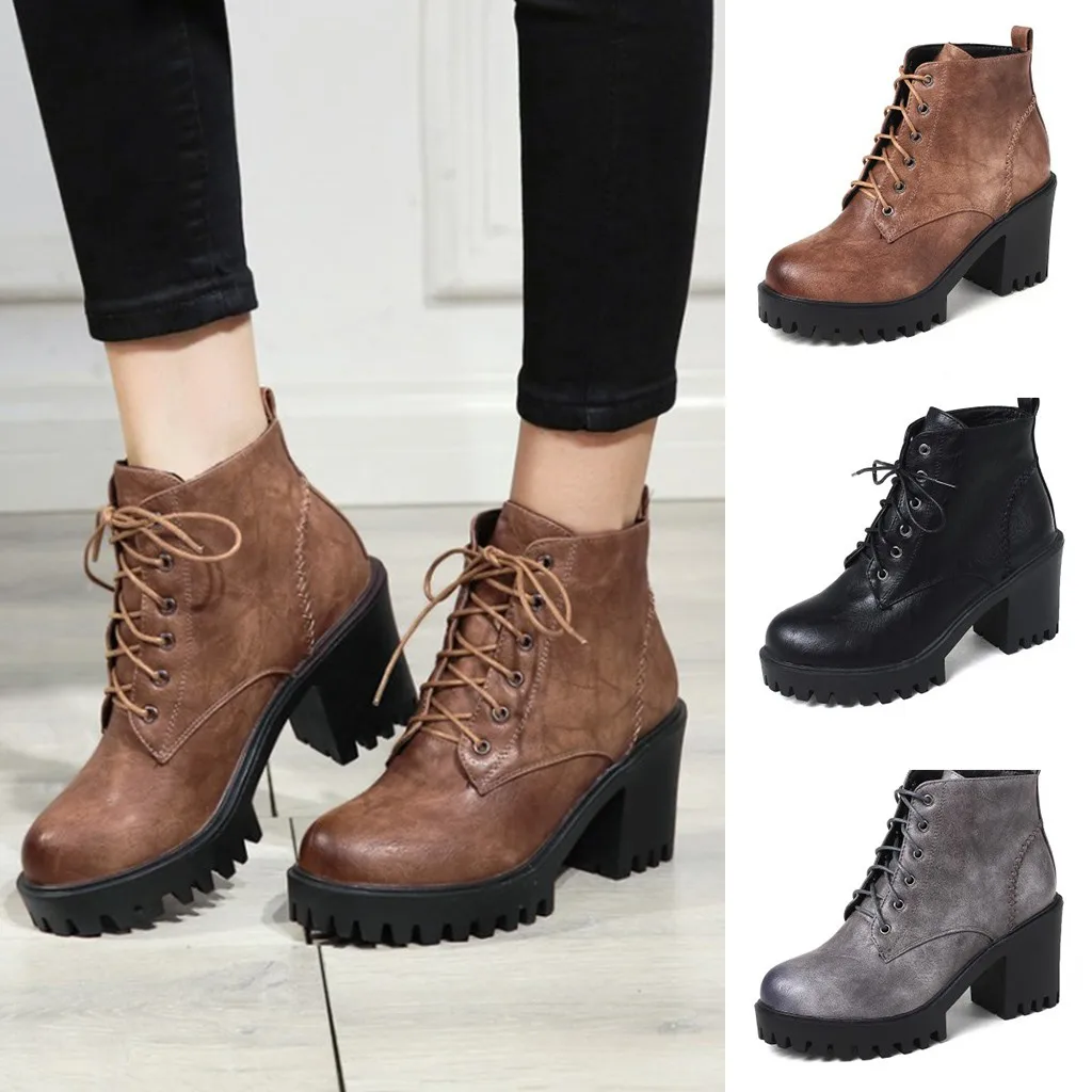 

Women Autumn Winter Boots Round Toe Lace up Shoes Pure Color Booties Buckle Strap Square Heel Single Shoes Outdoor Warm Shoes