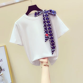 

Lace up bow cotton short sleeve t shirt women o-neck loose tee shirt femme Korean breif tshirt 2020 summer tops