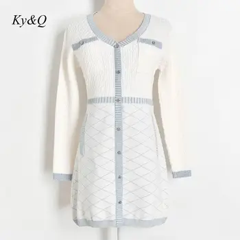 

Runway Fashion Clothes 2020 Autumn Winter Double Pocket V-neck Button Rope Rhombus Long-sleeved Slim Knit Dress Women Vestidos