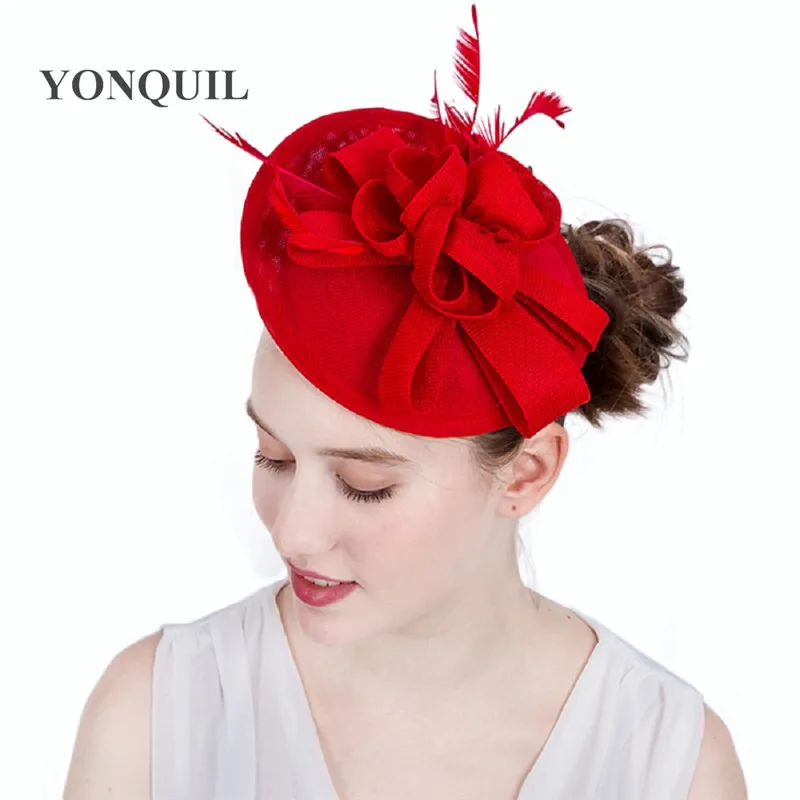 Красный Имитация sinamay свадебные туфли для женщин, зимняя шапка, ободок-Вуалетка обручи головной убор Элегантный Дамы фетровая шляпка шерстяная Шапки Цветочные Вечерние chapeau