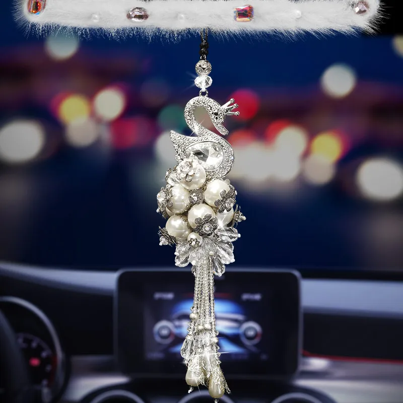 Rhinestone Swan Car Decor Pendant Ornament Crystal Car Mirror Hanging