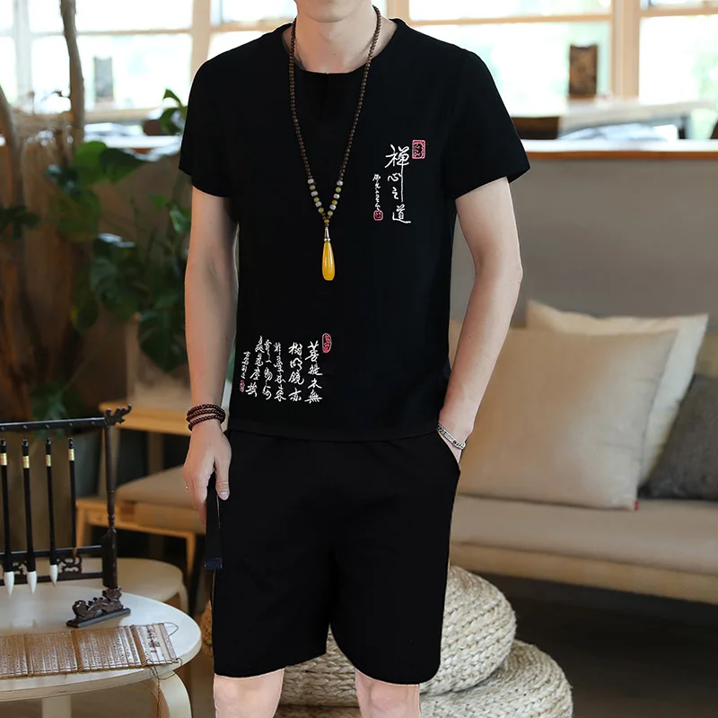 

Summer Thin Section Cotton Linen Set Men's Chinese-style MEN'S Short-sleeved Shorts MEN'S Suit