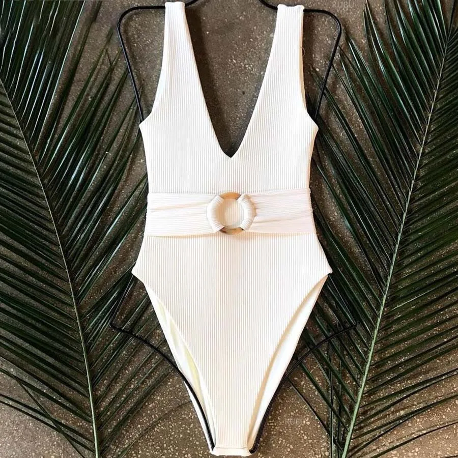 NEW Neon Bikini Women White Swimwear V Neck One Piece Swimsuit Female Bather Bathing Suit With Belt Push up Monokini