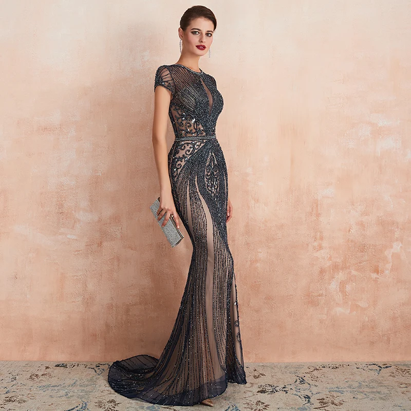 Элегантное платье русалки вечернее платье Robe De Soiree цвет шампанского серый/синий Стразы Блестки Бисероплетение Свадебное официальное платье вечерние платья