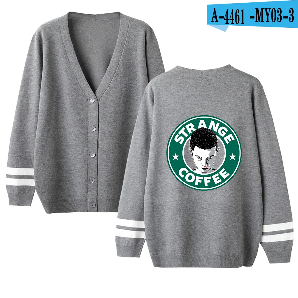 gray New Casual v-neck Cardigan Kpop Cute Stranger Things Sweater men/women Sweater stranger things Cardigan Sweater pink tops - Цвет: gray