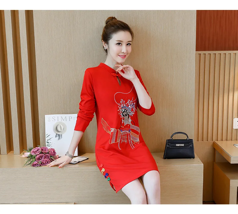 Осень, стиль, женское платье, улучшенная серия, Cheongsam, приталенное, для похудения, этнический стиль, воротник-стойка, длинный рукав, вышивка