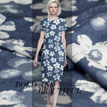 

Pearlsilk 16momme Crepe de Chine Blue Flower Printed 100%Mulberry Silk Materials Shirt Dress DIY clothes fabrics Freeshipping