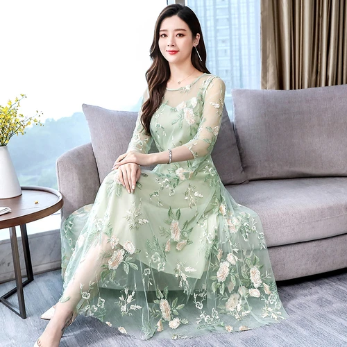 

2019 New Early Autumn Embroidered Korean Version Women Long Dress Sweet Style Fashion Female Beatiful Plus Size Dresses Designs