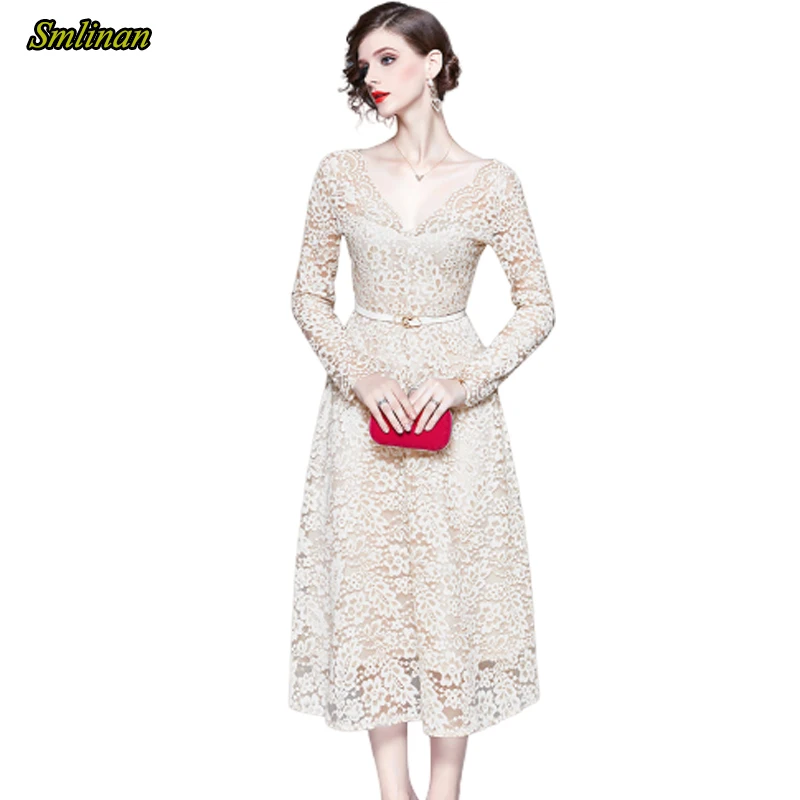 

Smlinan 2020 Elegant Evening Party Long Dresses Women Clothing Spring Autumn V Neck Long Sleeve Casual Club Plus Size Dress