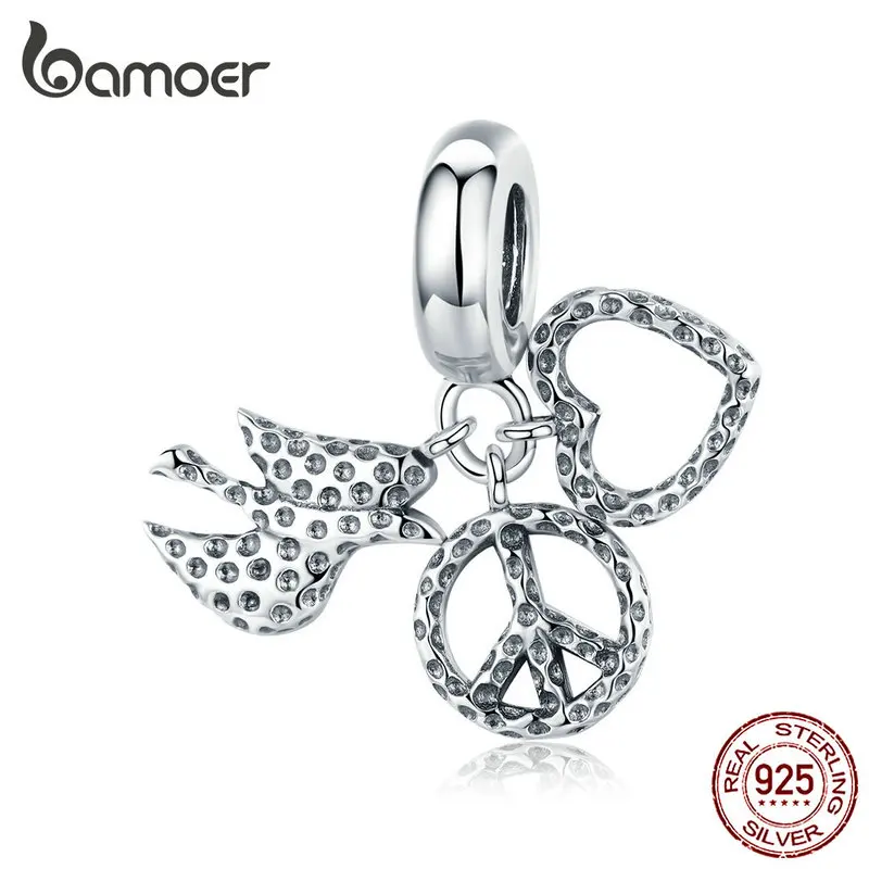 

bamoer Silver 925 Jewelry Pendant Charm fit Female European Original Bracelet or Necklace Peace Anti-war Fine Jewelry SCC1350