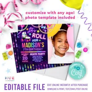 

roller skating birthday invitation instant download | let's roll roller skate party invitation | girls neon rainbow glow birthda